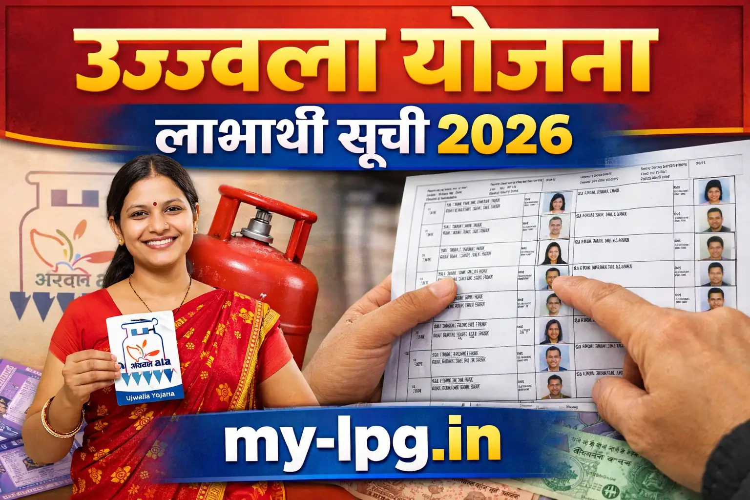 Ujjwala Yojana Beneficiary List 2026 thumbnail showing LPG cylinder, woman beneficiary and my-lpg.in domain name