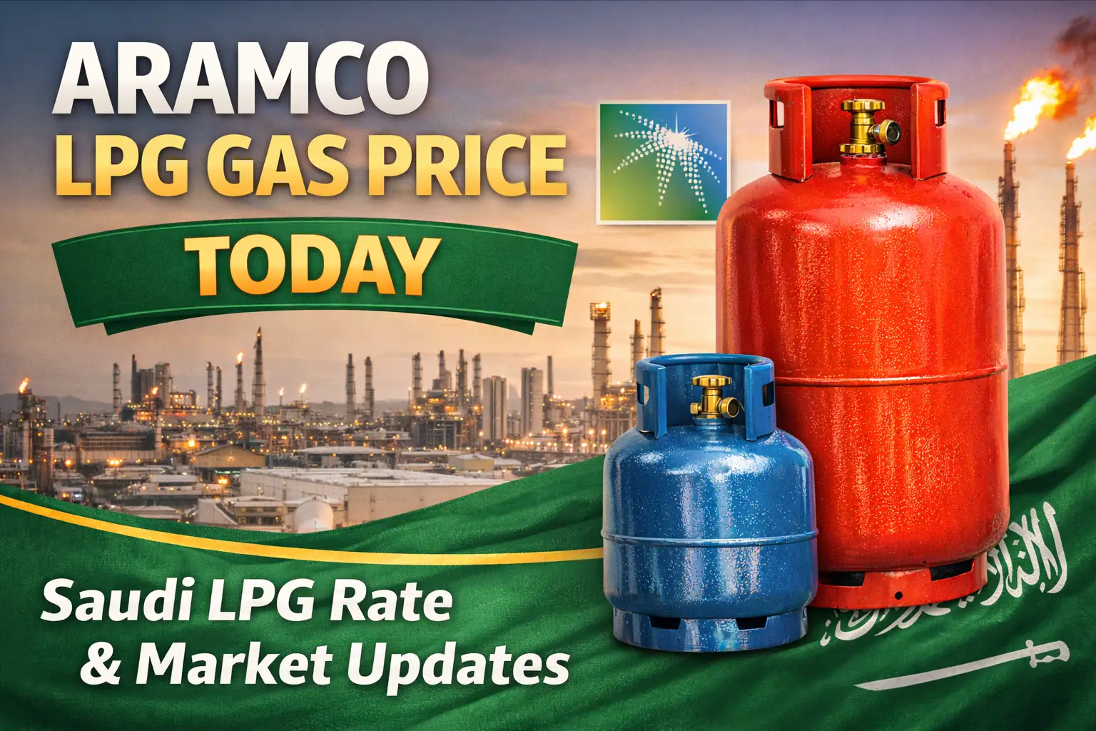Aramco LPG gas price today thumbnail showing red and blue LPG cylinders with Saudi refinery