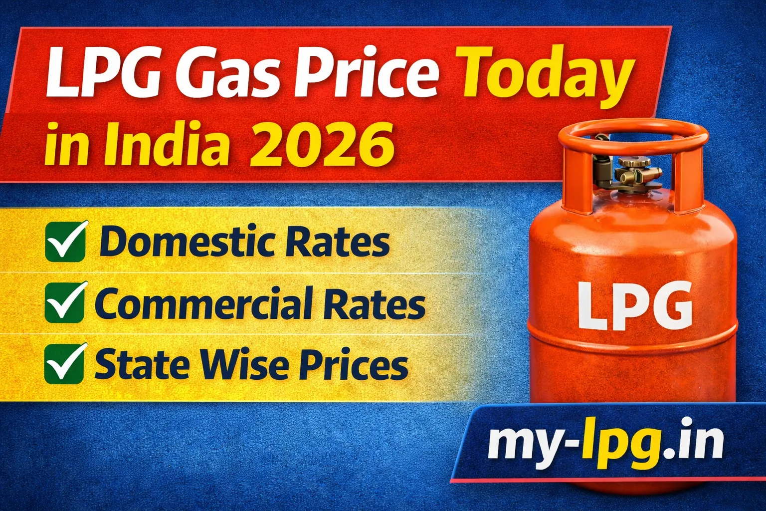 Today LPG gas price in India 2026 thumbnail showing domestic and commercial cylinder rates with LPG cylinder image – my-lpg.in