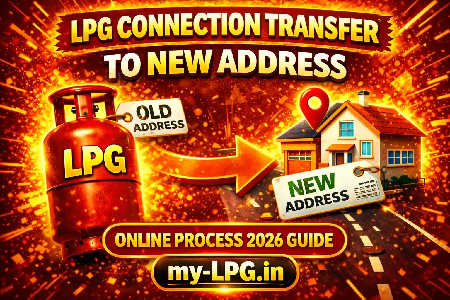 LPG connection transfer to new address online process 2026 thumbnail with LPG cylinder, old to new address house icon and my-lpg.in