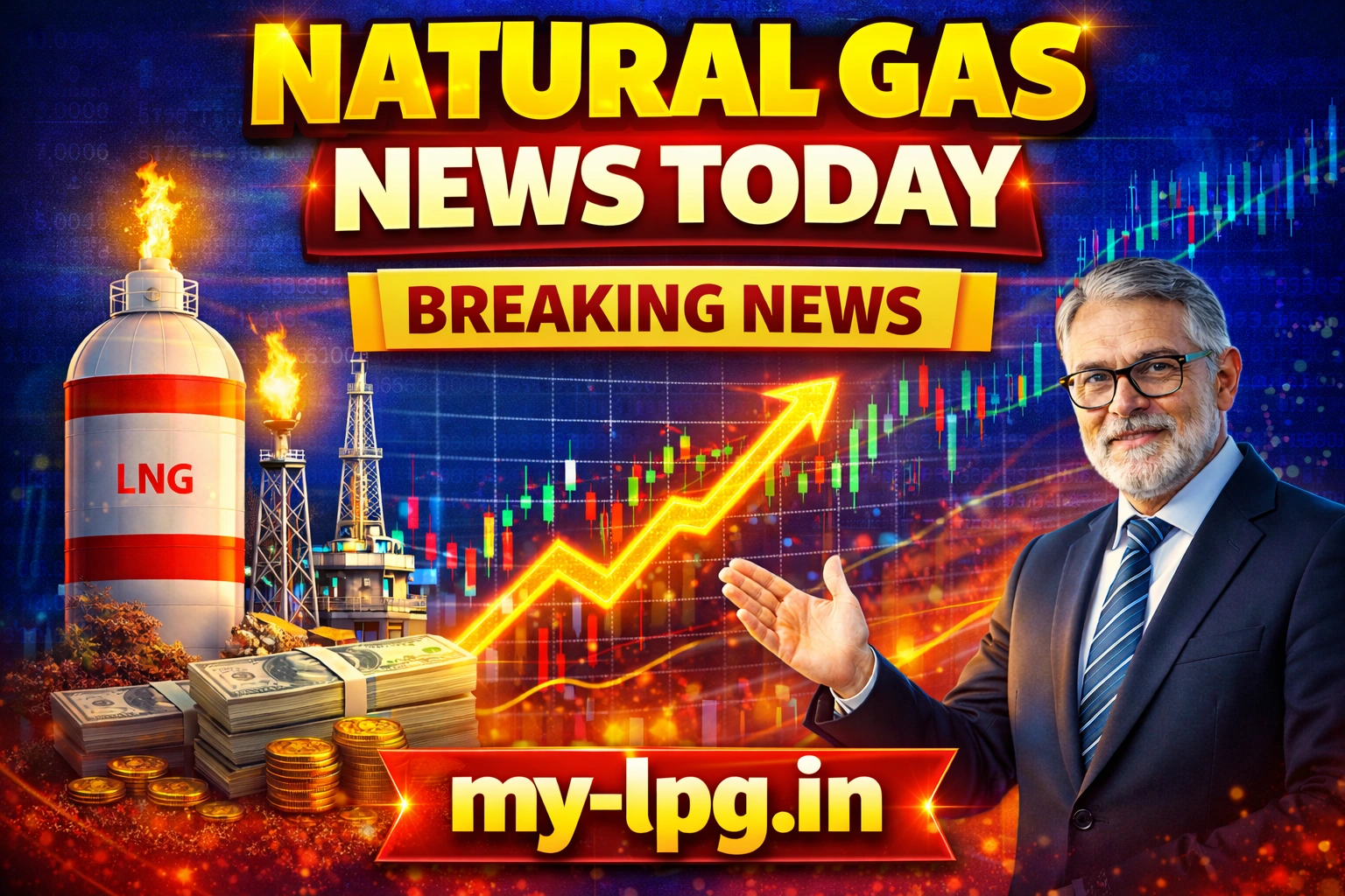 Natural Gas News Today thumbnail showing latest natural gas market updates, LNG plant, price trend chart and my-lpg.in branding